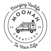 Logo for Moohah Creatives Vanlife company with saying Bringing Vanlife to Your Life.  Outline of @moohahvanadventures 4x4 Sprinter with heads of dad and two girls who started Moohah Creatives window covering, blanket, and pillow fabric company.