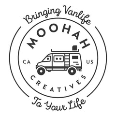 Logo for Moohah Creatives Vanlife company with saying Bringing Vanlife to Your Life.  Outline of @moohahvanadventures 4x4 Sprinter with heads of dad and two girls who started Moohah Creatives window covering, blanket, and pillow fabric company.